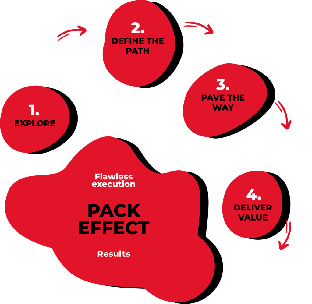 Flawless execution, pack effect, results, explore, brand audit, define the path, strategy definition, pave the way, scope definition, deliver value, testing and optimization